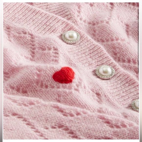 NWT Charter Club 100% Cashmere Pink Crochet Heart Pointelle Button Cardigan M - Picture 5 of 14